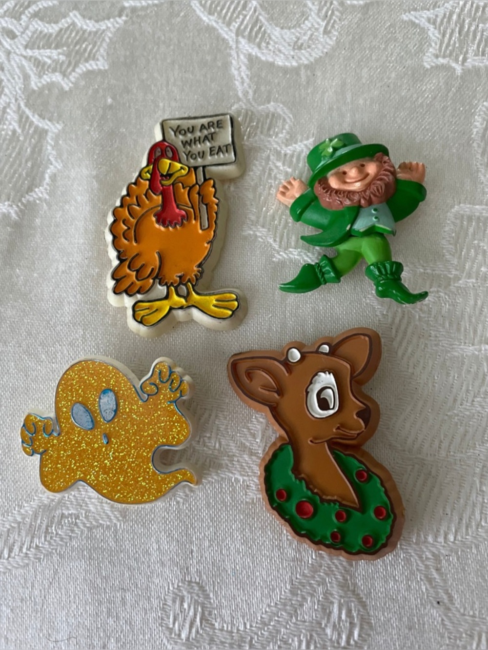 Set of 4 Cute Retro Hallmark Pins - Turkey, Leprechaun, Glitter Ghost, Reindeer